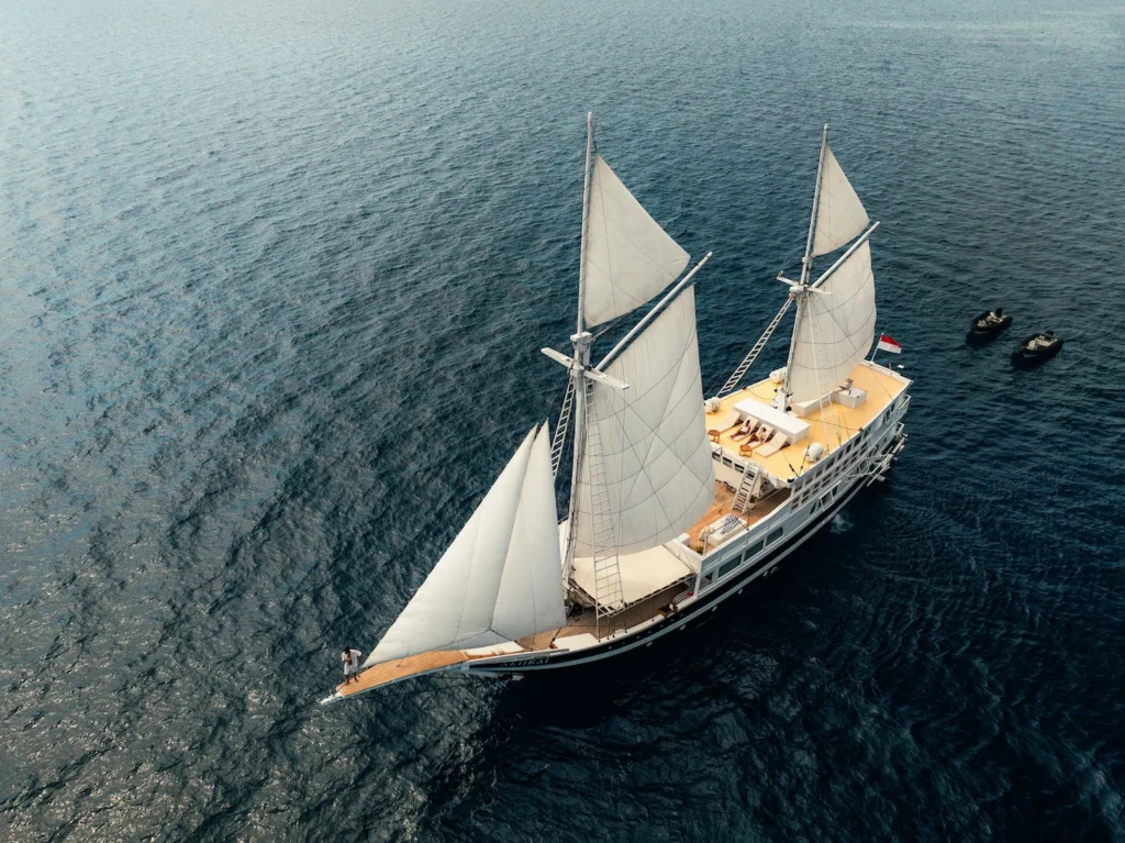 Aerial view of Aliikai Voyage under sail