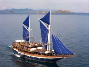 Aerial exterior view of Cheng Ho under blue sails