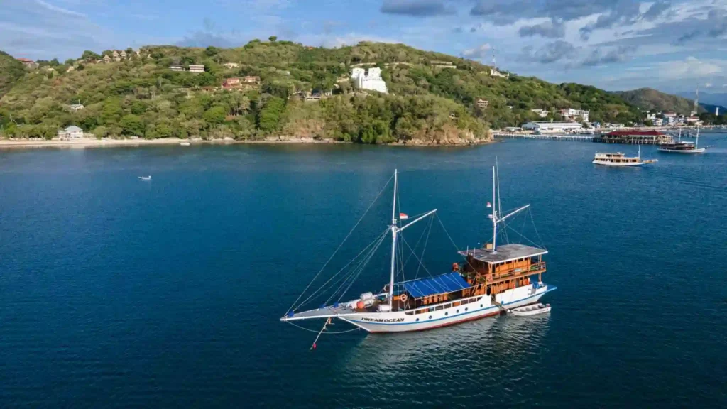 Dream Ocean phinisi viewed from the water in Komodo