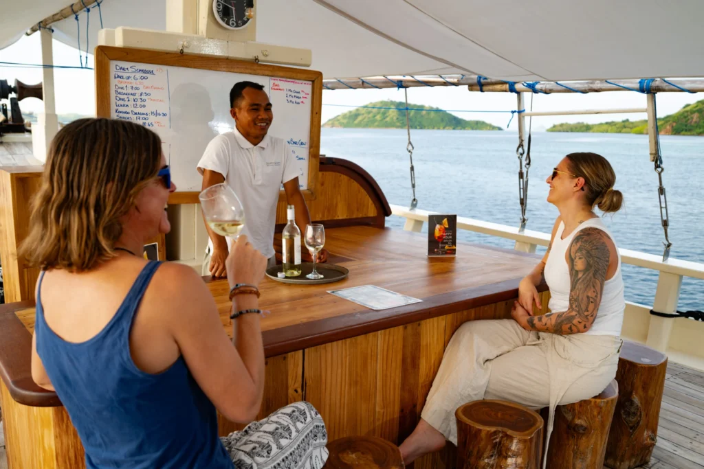 Outdoor bar and lounge aboard EcoPro Duyung Baru