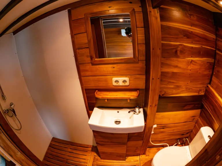 Private bathroom in the main-deck Sea View cabin aboard EcoPro Duyung Baru