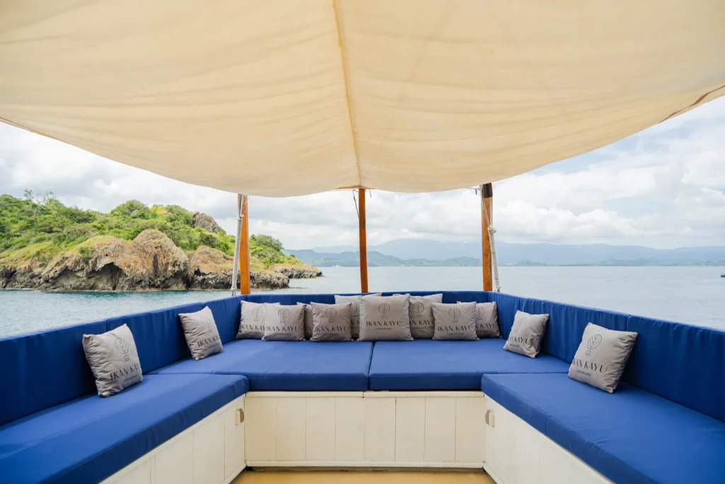 Covered outdoor lounge aboard Ikan Kayu