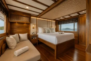 Suite 2 Stateroom with queen bed on the upper deck of KAI Voyage