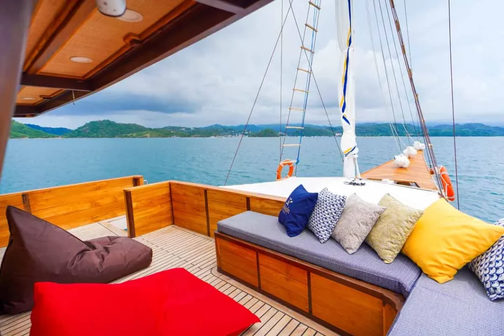 Outdoor cushioned seating aboard LaMain Voyage I