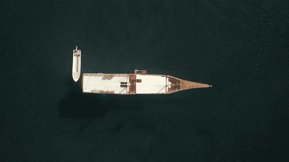 Aerial exterior view of Lanakila Cruise phinisi in Komodo