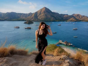 Elegant woman in a black dress posing at a scenic viewpoint with boats in the background, highlighting the luxury of a private charter