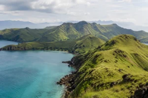 Panoramic view of the lush green hills and turquoise bays in Padar Island, a scenic stop on the 2D1N tour.