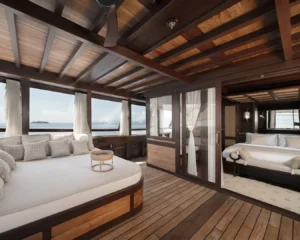 Lounge area in the Ocean View Master Cabin aboard Sanya yacht