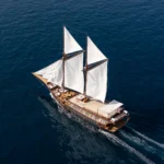 Aerial view of Sanya phinisi yacht under sail