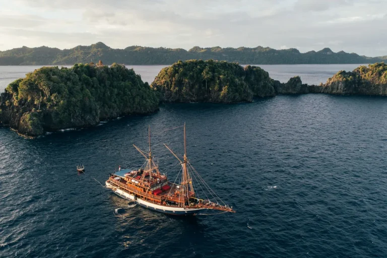 Aerial view of Sea Safari 8 sailing in Raja Ampat