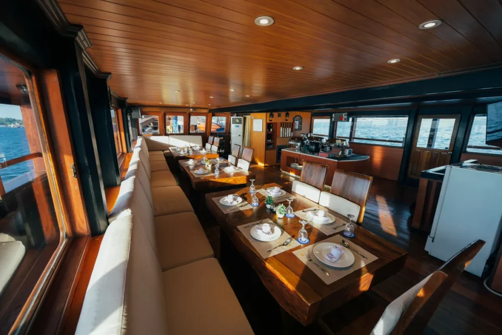Wide view of the indoor dining saloon aboard Sea Safari 8