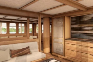 Official render of a master cabin lounge aboard Sejiwa