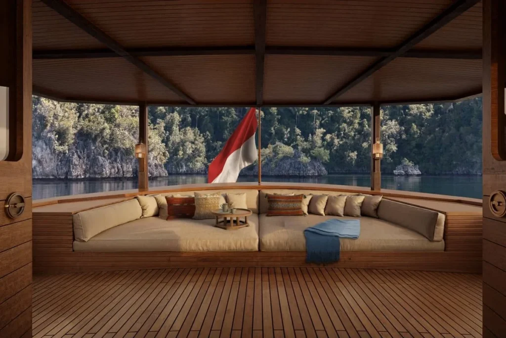 Official render of a shaded outdoor lounge aboard Sejiwa