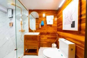 Shower and vanity in a Seven Angel standard-cabin ensuite
