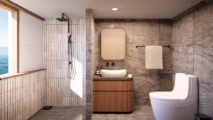 Ensuite bathroom of the Cendrawasih master cabin on Sukha Sail 2