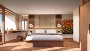 Merak Suite bedroom on Sukha Sail 2 with timber joinery and reading lights