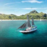Sukha Sail 2 phinisi anchored in turquoise water below a green Komodo hillside