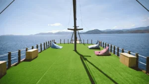 Large rooftop sun deck with beanbags aboard Zada Ulla
