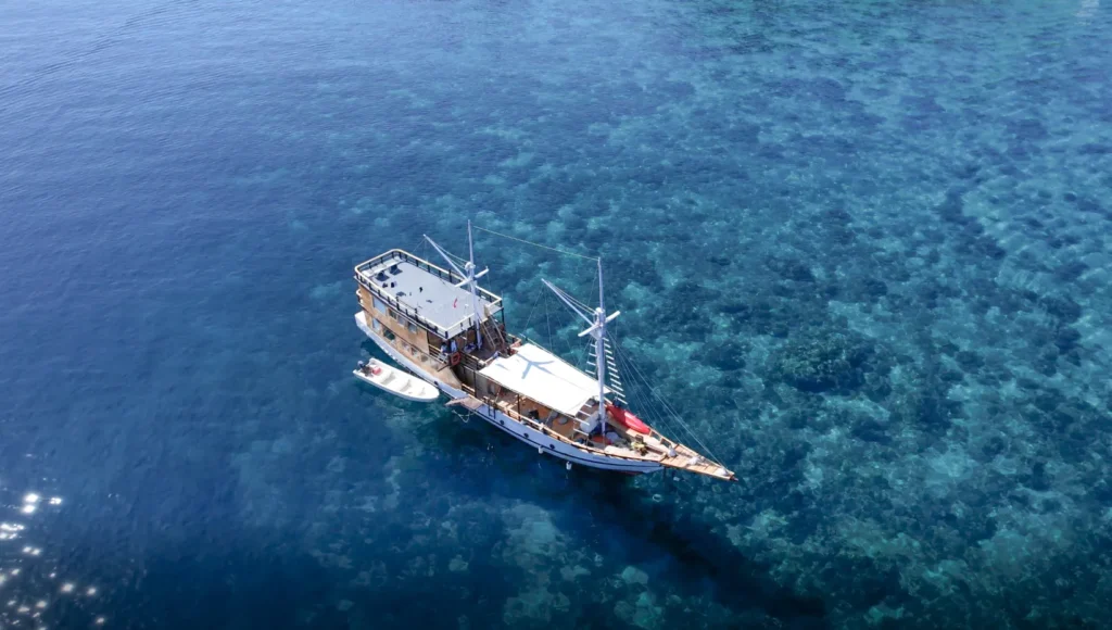Top-down aerial view of Andalucia II above clear coral reef water