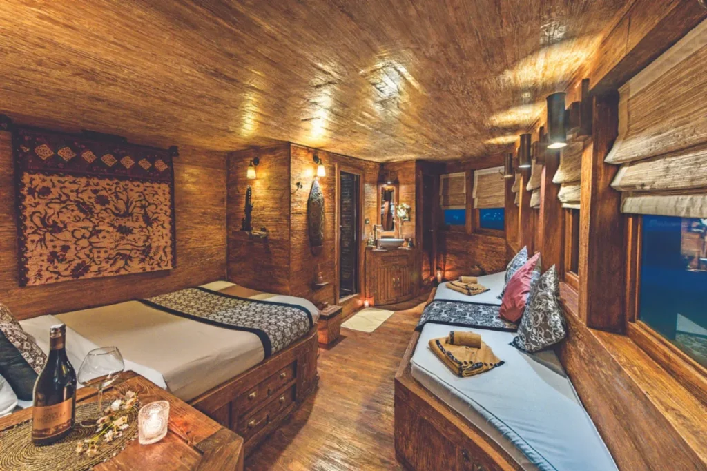 Handcrafted double cabin interior aboard Arenui