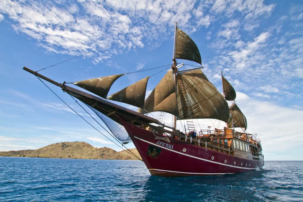 Arenui phinisi under sail near Komodo