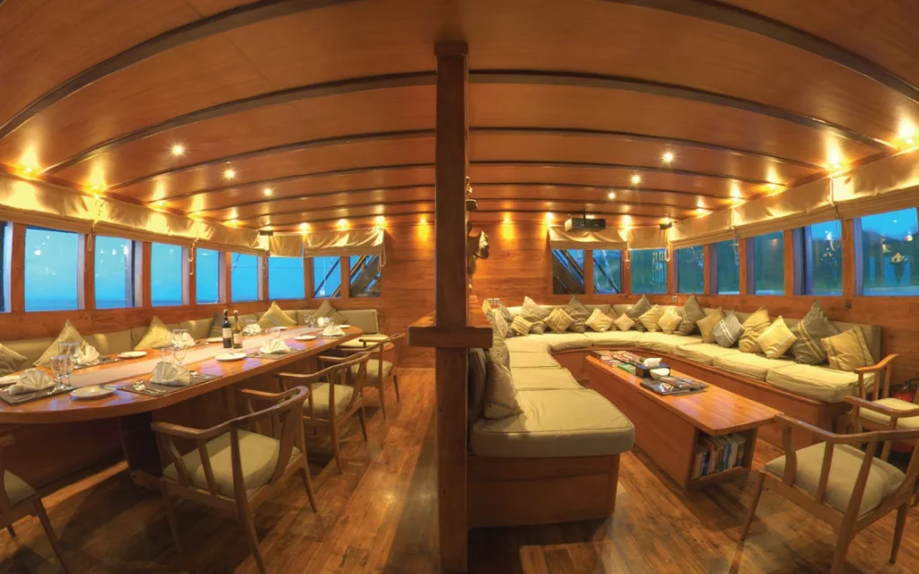 Wooden dining saloon and lounge aboard Damai II