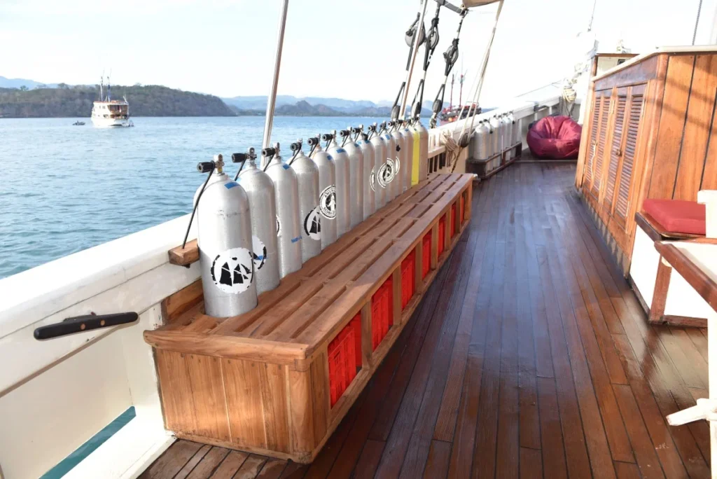 Dive cylinders and equipment setup aboard Emperor Raja Laut