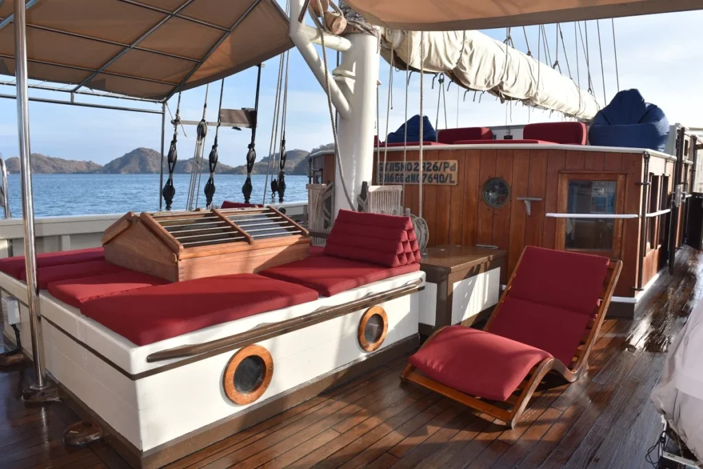 Spacious teak deck aboard Emperor Raja Laut