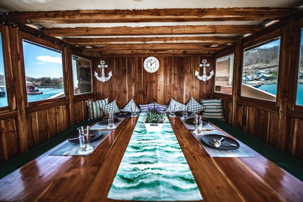 Wooden main dining room aboard Lalunia liveaboard