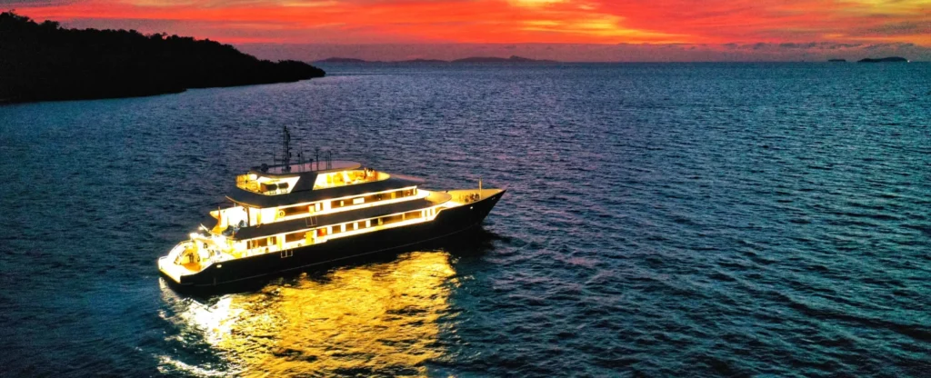 Seaisee liveaboard yacht at sunset in Indonesia