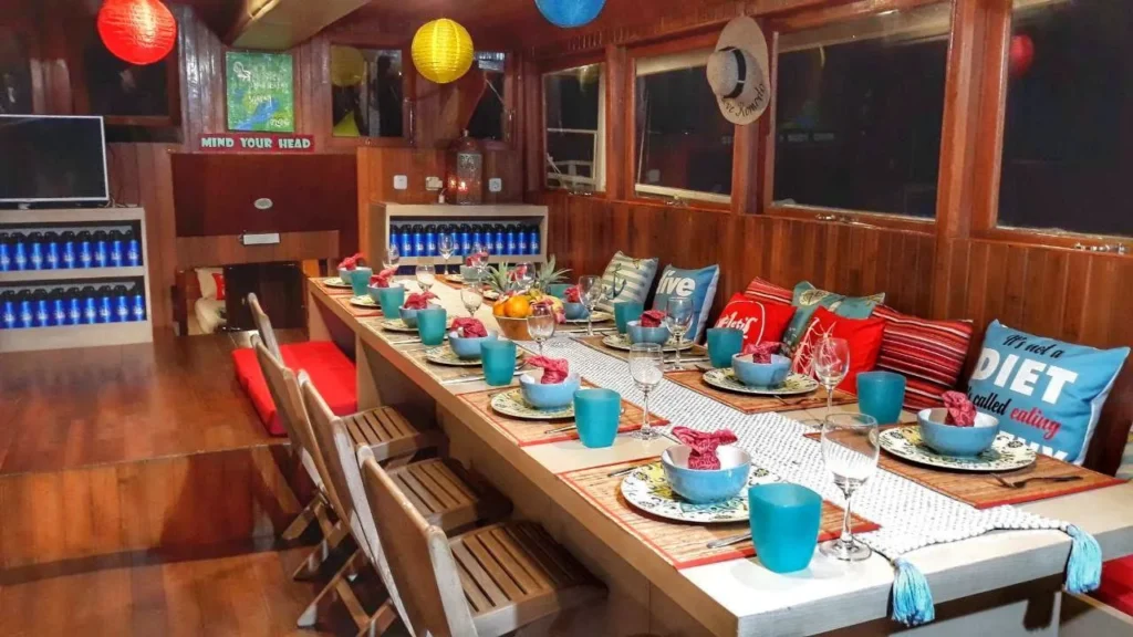 Indoor dining and lounge area aboard Thalassa 1